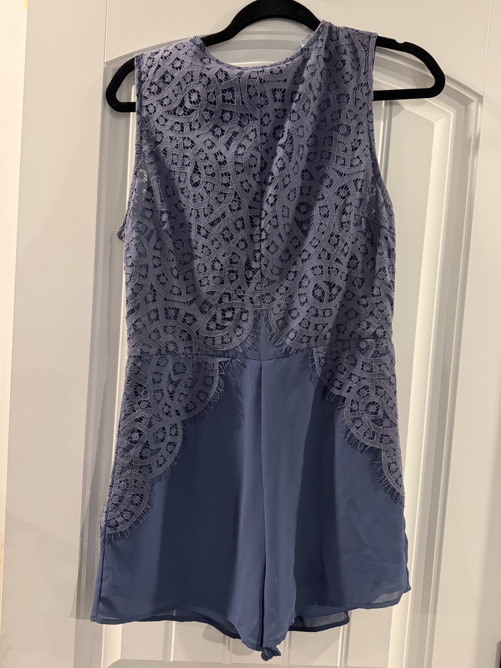 Lace Overlay Sleeveless Romper in Dusty Blue